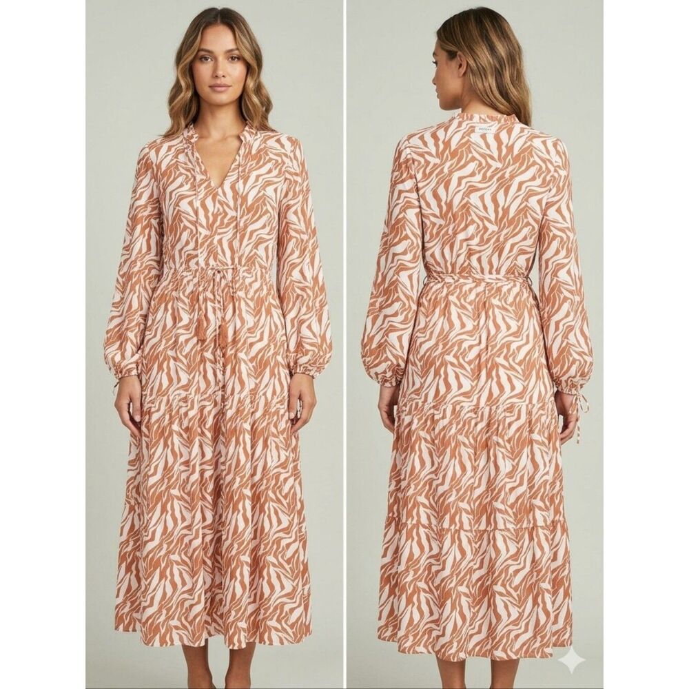 FRESHA London Daphine Maxi Dress Orange White Zebra Tiered Boho L/S V-Neck SZ: M